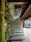 This office space in Sao Paulo, Brazil, features walls made of a porous concrete where plants can take root. An irrigation system crisscrosses the outer walls of the building, watering the plants with rainwater and wastewater collected on-site.