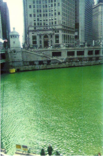 The Chicago River, dyed green for St. Patrick's Day.