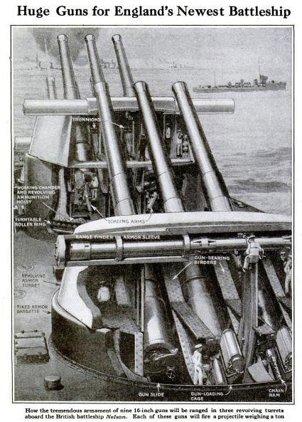 Speaking of the H.M.S. <em>Nelson</em>, here's a picture of her impressive weaponry. Nine 16-inch guns mounted on three turrets, in addition to a secondary section of 6-inch guns, gave the <em>Nelson</em> and her sister ship <em>Rodney</em> the world's most powerful armament of any battleship. The guns' location forward of the ship's superstructure also made the <em>Nelson</em> class of ships distinctive in form. Rumor has it that shortly after the release of Disney's <em>Snow White</em>, the guns were nicknamed after Mickey Mouse, Minnie Mouse and the seven dwarves. During World War II, Nelson served in the Mediterranean, Atlantic, and Indian Oceans before being decommissioned in 1949. Read the full story in "Huge Guns for England's Newest Battleship"