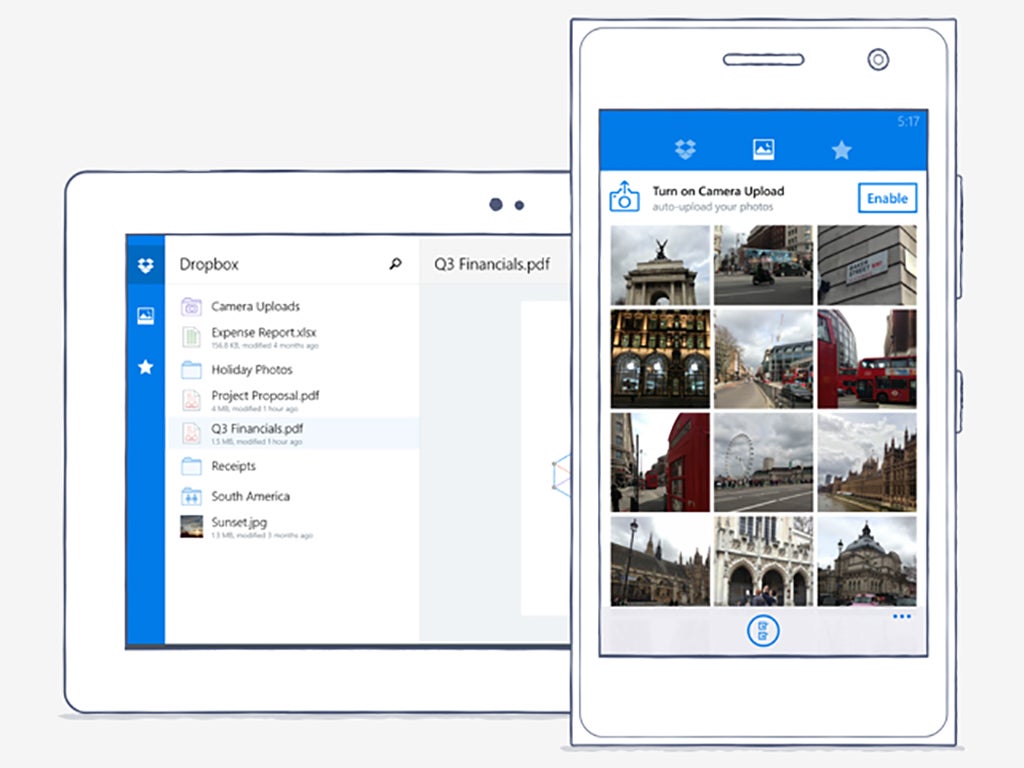 A tablet and phone using Dropbox to back up photos to the cloud.