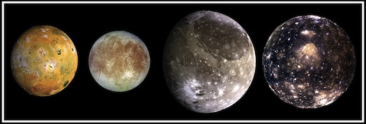 Jupiter's four largest moons-- Io, Europa, Ganymede and Callisto, (from left to right)--were first observed by Galileo in 1610. The planet has more than 60 moons total.