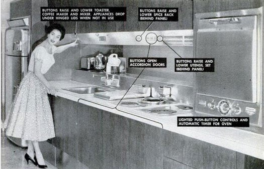 In the future, women won't need to reach for the spice rack, crank up the oven, or remove the toaster from storage -- the kitchen will do all the work for them. This model kitchen was completely button-operated: by punching a few buttons, you could summon the coffee maker beneath hidden panels, and you could make burners start cooking without having to manually light them up. Read the full story in "Buttons, Buttons"