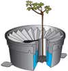 Water condenses on the box's cool top, collects in a tank, and drips into the soil to hydrate the plant.
