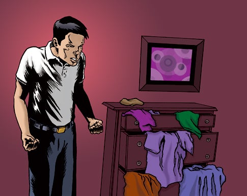 A man in a white polo shirt standing near an overflowing dresser and looking angry because he can't find his eyeglass case.