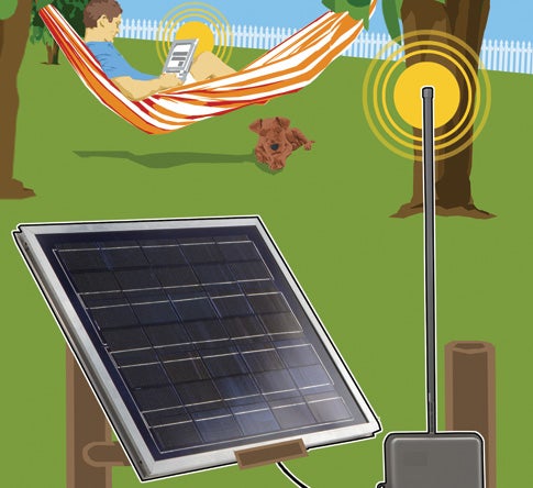 A solar-powered WiFi extender near someone using a device in a hammock outside. Illustration.
