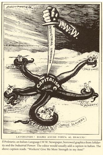 Published around 1919 by the <a href="http://vulgararmy.com/post/1124813238/cartoon-by-pashtanika-circa-1919-lavoratori">Industrial Workers of the World</a>, this pentapus shows the multi-limbed cephalopod as an ideologically-flexible villain at the heart of several interconnected problems.
