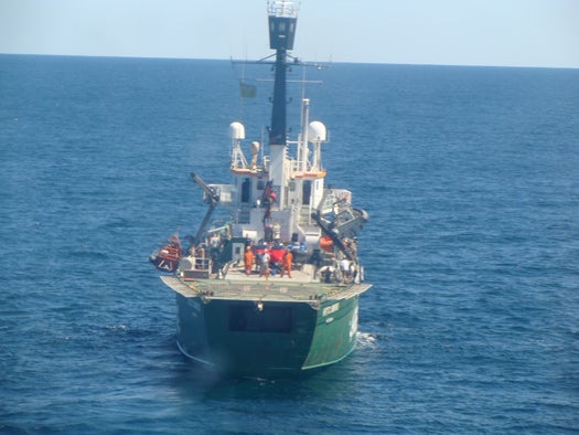 My view from the helicopter as we approach the helipad on the <em>Arctic Sunrise</em>, one of three Greenpeace ships. The vessel it is nearing the end of a three-month-long deployment to study impacts on marine life from the BP oil spill.