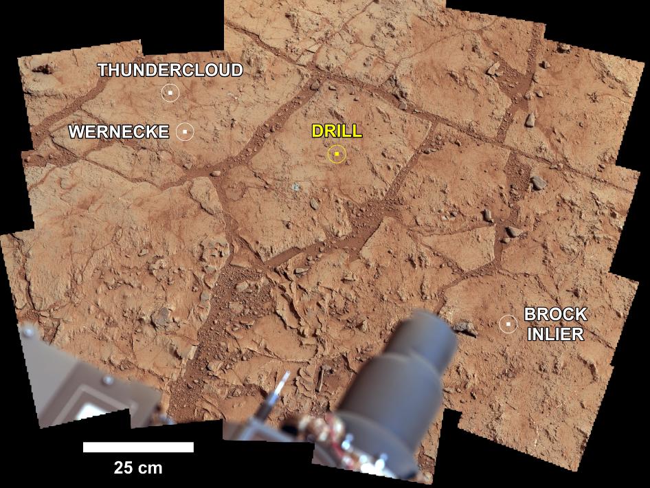 NASA's Mars rover Curiosity used its Mast Camera (Mastcam) to take the images combined into this mosaic of the drill area, called "John Klein." The label "Drill" indicates where the rover ultimately performed its first sample drilling.
