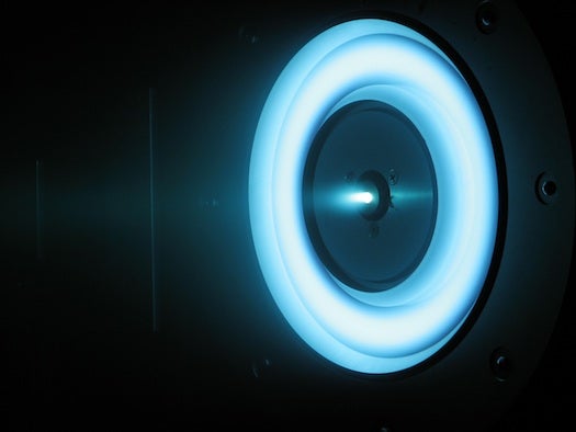 An ion propulsion thruster, developed at the Jet Propulsion Laboratory, that's being considered for NASA's Asteroid Retrieval Initiative. This thruster uses xenon ions.