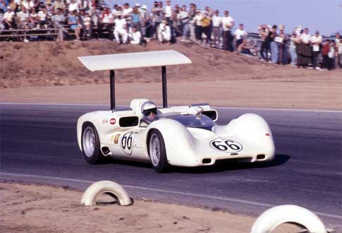 The Chaparral 2E Can-Am car--driven here by its creator, Jim Hall, in 1966--was the first to methodically exploit the benefits of downforce. It was outlawed because the rear wing was mounted to the suspension and could be adjusted by the driver.