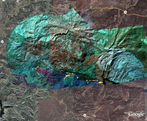 A mosaic of the Harris fire with hot spots highlighted in yellow.