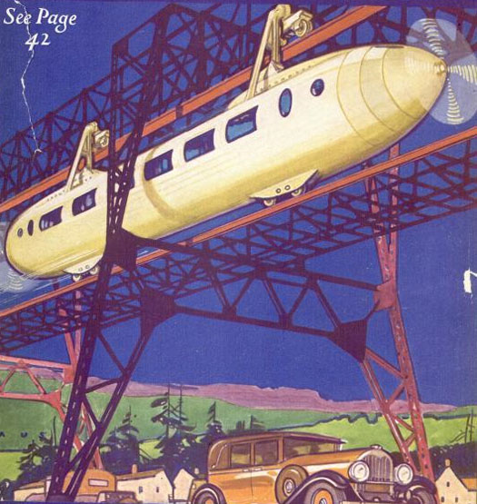 Is it just us, or does this airplane fuselage train look like an awesome way to travel? To facilitate a faster commute between cities and suburbs, Scottish inventor George Bennie developed an overhead monorail driven by electric motors and air propellers on both ends. If all went as planned, the trains would zoom along at 150 miles per hour, which is an impressive speed for interurban transit even today. Visitors to the Transport Congress in Glasgow were able to see a portion of it in action near the city of Milngavie, where the first cars had been built. Although the tracks were too short to for the train to reach its intended speed, officials both in and outside of Scotland were eager to implement the technology in their cities. New York City briefly considered a similar structure for an outer borough, although their model would run at only 45 miles per hour (sounds about right, eh New Yorkers?) Read the full story in "Monorail Aims at High Speed"