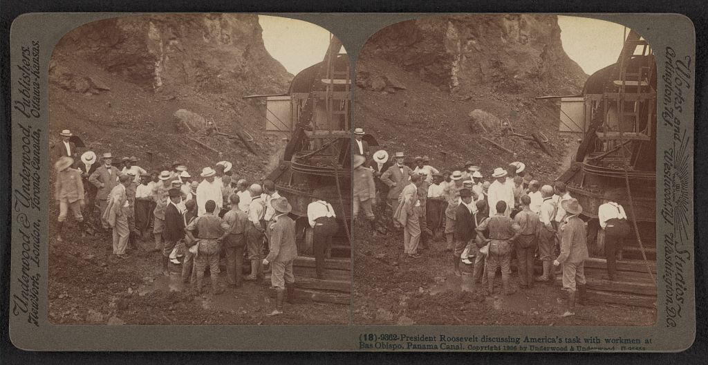 President Roosevelt discusses the importance of the Panama Canal with workmen at Bas Opiscal, November 26, 1906.