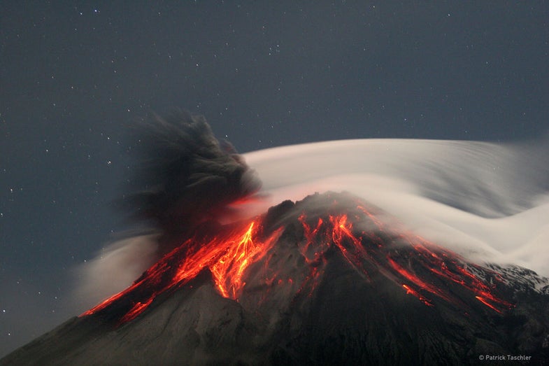 The Tungurahua volcano in Ecuador has some of the most amazing, terrifying eruptions in the world. This one, from 2006, shows molten lava streaming down the sides of the mountain while ash spews into the night sky. More info <a href="http://apod.nasa.gov/apod/ap120402.html">here</a>.