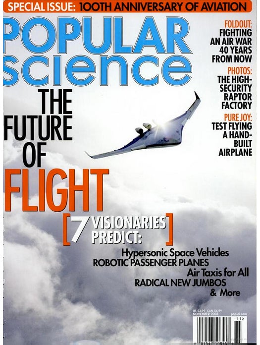 Blomkamp created the November 2003 cover of <em>Popular Science</em>, which celebrated the 100th anniversary of flight by taking a look even further into the future. You can see the whole issue <a href="http://books.google.com/books?id=5bKyC4K5tMwC&amp;printsec=frontcover&amp;source=gbs_ge_summary_r&amp;cad=0#v=onepage&amp;q&amp;f=false">here</a>.
