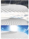 Smart building skin of biomimetic actuators on a stadium structure, during rain (a), overcast sky (b) and direct sun (c).