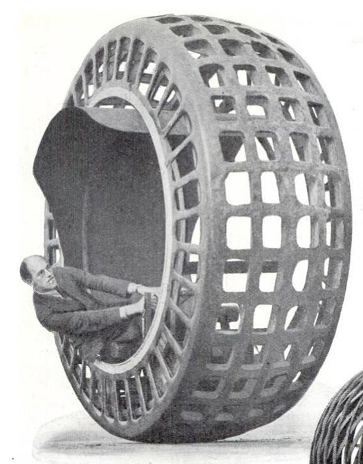 Inventor J.H. Purves imagined that droves of his electrically-driven unicycle would roll like tumbleweeds alongside more conventional vehicles. To steer the "dynasphere," drivers would sit in an enclosed cabin that would remain still while the wheel spun around it. Read the full story in "Amazing Motor-Driven Hoop May Be Car of the Future