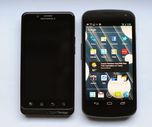 On the left, the 4.3-inch-screened Motorola Droid Bionic. On the right, the 4.65-inch-screened Galaxy Nexus. The Nexus is barely larger, and actually thinner.