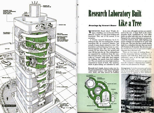 Nowadays, the thought of people living in trees or tree-like structure recalls sci-fi/fantasy imagery, or perhaps images from National Geographic. To Frank Lloyd Wright, however, a tree provided the perfect model for SC Johnson &amp; Son's 15-story research laboratory. On the outside, it looked like an "oversized chimney," but its interior resembled the cross section of a tree trunk. Cantilevered supports for working floors resembled branches. Like a tree, the research lab used a centralized supply service. A wide shaft in the building's core provided air-conditioning, and was the location for piping and primary power conduits. Read the full story in "Research Laboratory Built Like a Tree"