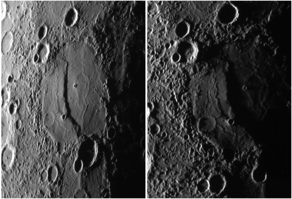 The above <em>Messenger</em> images were taken during the spacecraft's second (left) and third (right) flybys. The two images cover very nearly the same terrain, but for the right image the Sun's illumination is more nearly grazing (local time is almost sunset) and the viewing perspective of the spacecraft is more nearly vertical. The large impact crater bisected with a prominent scarp or cliff is the same feature in both images. Because of Mercury's rotation between the two encounters, the position of the crater in the right image is nearly at the terminator (the division between the day side and night side of the planet), and thus the shadows are longer. To the west of the crater, the shadows and viewing angle show that the terrain is far more rugged than it appeared from the previous flyby.