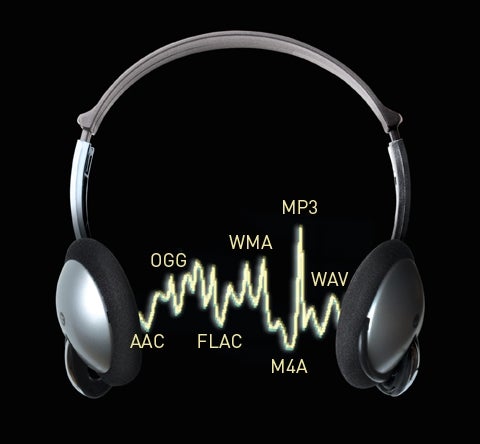 Silver and black headphones against a black background, with a sound-level line graph between the ear pieces.