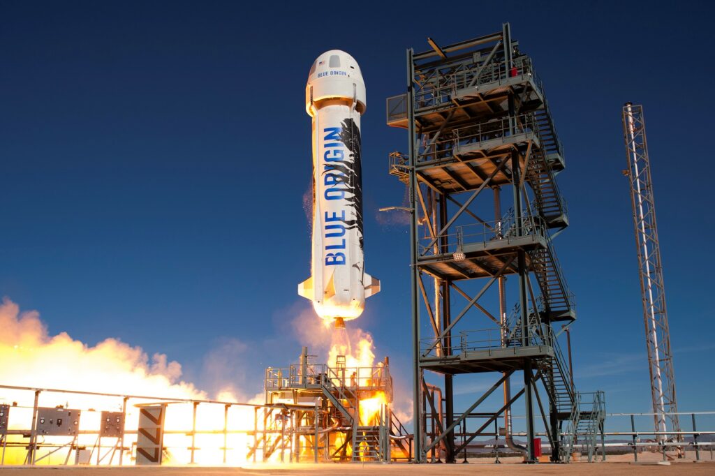 Blue Origin Shepard Rocket Launching from a launching pad