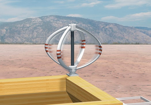Roof-mounted solar cells and eggbeater turbines together generate nearly twice the house's daily energy needs.