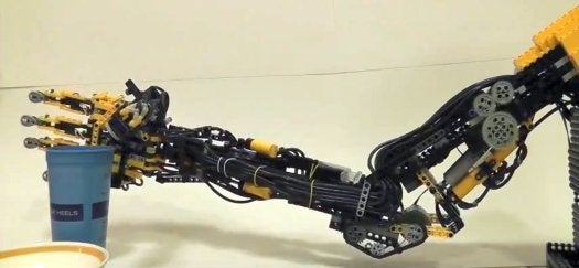 <a href="https://www.popsci.com/technology/article/2012-02/video-lego-robotic-forearm-can-wave-hello-and-pour-you-drink/">Max Shepard's Lego arm</a> can grab and pass a drink as smoothly as... well, as smoothly as a robot can. It can only lift a couple pounds, which should be fine for anyone who isn't drinking a handle of vodka. <strong>Perfect for:</strong> picking up a solo cup and signalling you need a refill. <strong>Skip if:</strong> see aforementioned handle of vodka.