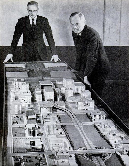 Again with the elevated express highways! At the time, engineers were concerned about road congestion, but we can't imagine that traffic running between office buildings would make for a pleasant work environment. Read the full story in "Will the City of the Future Look Like This?"