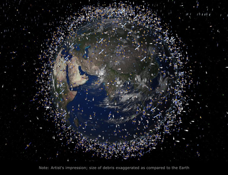 An artist's impression of space debris in low-Earth orbit. The U.S. government wants a better surveillance system to keep track of the thousands of space junk pieces.