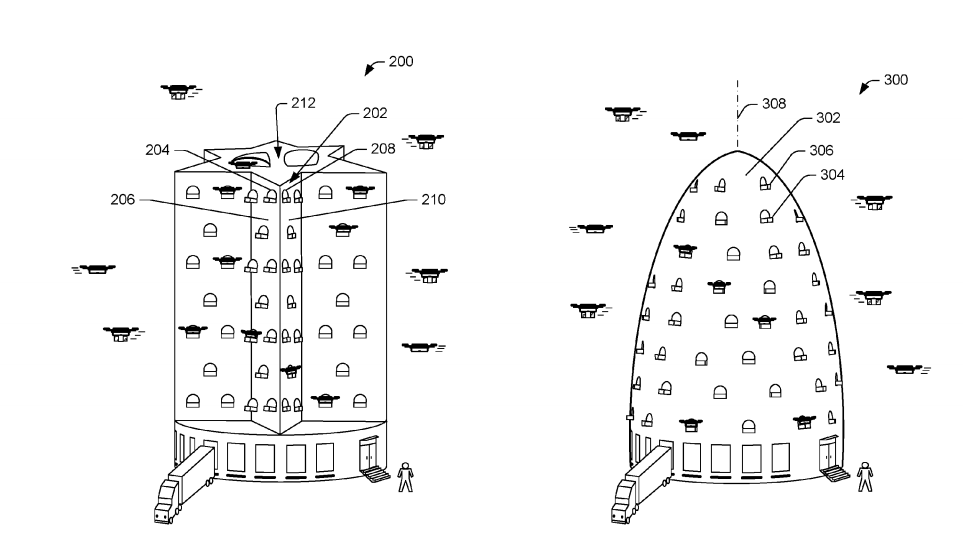 Two Amazon differently shaped drone towers