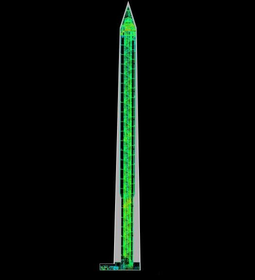 This is a LIDAR scan of the interior of the Washington Monument. The LIDAR system bounces back lasers like how radar bounces back radio beams. <a href="https://www.popsci.com/article/technology/using-lasers-save-earths-cultural-monuments/">Ben Kacyra wants to use his company</a>, CyArk, to create 3-D laser scans of the world's cultural heritage sites. These scans are accurate down to the millimeter. See more laser scans of monuments like the Rani Ki Van Stepwell and the New Orleans French Quarter <a href="http://www.cyark.org/">online at CyArk</a>.