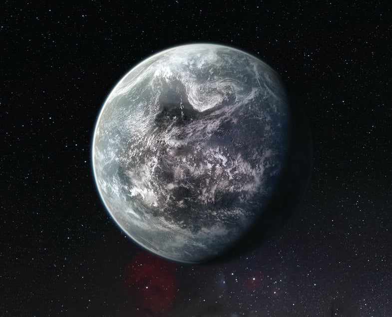 This artist’s impression shows the planet orbiting the Sun-like star HD 85512 in the southern constellation of Vela (The Sail). This planet is one of sixteen super-Earths discovered by the HARPS instrument on the 3.6-metre telescope at ESO’s La Silla Observatory. This planet is about 3.6 times as massive as the Earth and lies at the edge of the habitable zone around the star, where liquid water, and perhaps even life, could potentially exist.