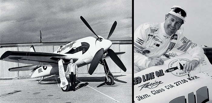 Left: Greenamyer in 1966, days before winning the Unlimited class for the third time in the then three-year history of the event. Right: Sharp and <em>Nemesis</em> in 1998, after he bested his own speed record by 6.5 mph.