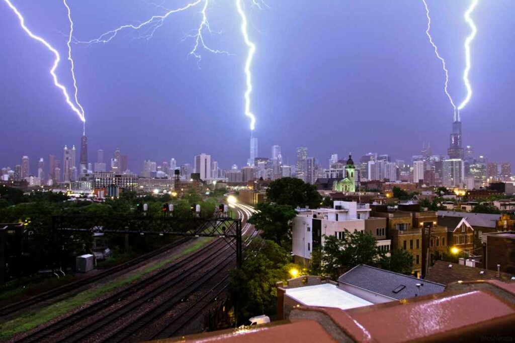 It's thunderstorm season, and Chicago's weather is weirder than ever. Local videographer Craig Shimala captured these three simultaneous lightning strikes on the three tallest buildings on the Chicago skyline: Willis Tower, Trump Tower and the John Hancock Building. Insert pun about "shockingly" good shot. <em>From July 4, 2014</em>