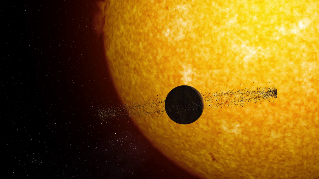 An alien planet ringed with satellites transits in front of its sun.
