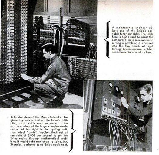 The Army's 30-ton ENIAC (Electronic Numerical Integrator and Computer), introduced in 1946, could solve the "basic" aerodynamic problem around designing shells in 130 hours. That seems perhaps a bit sluggish by today's standards, but when you consider that any other existing machine at the time would have needed at least a year to solve the problem, and even several lifetimes wouldn't be enough time for a human to do it, ENIAC represents a giant leap forward in computing. Inventor John W. Mauchly realized the need for such a computer when he was slogging through mounds of geophysical data for his research. Once it was built, the data-crunching monster took up the entirety of a 30 by 50-foot room that had to be ventilated to siphon off the heat produced by its 18,000 electronic tubes. Read the full story in <a href="http://books.google.com/books?id=niEDAAAAMBAJ&amp;pg=PA83&amp;dq=eniac&amp;hl=en&amp;ei=avuuTu61IqGtsALh1436Dg&amp;sa=X&amp;oi=book_result&amp;ct=result&amp;resnum=3&amp;ved=0CEAQ6AEwAg#v=onepage&amp;q&amp;f=true">Lightning Strikes Mathematics</a>