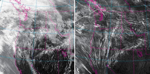 A standard infrared satellite image shows cloud coverage (left). a double-wavelength infrared image reveals the underlying contrails (right).
