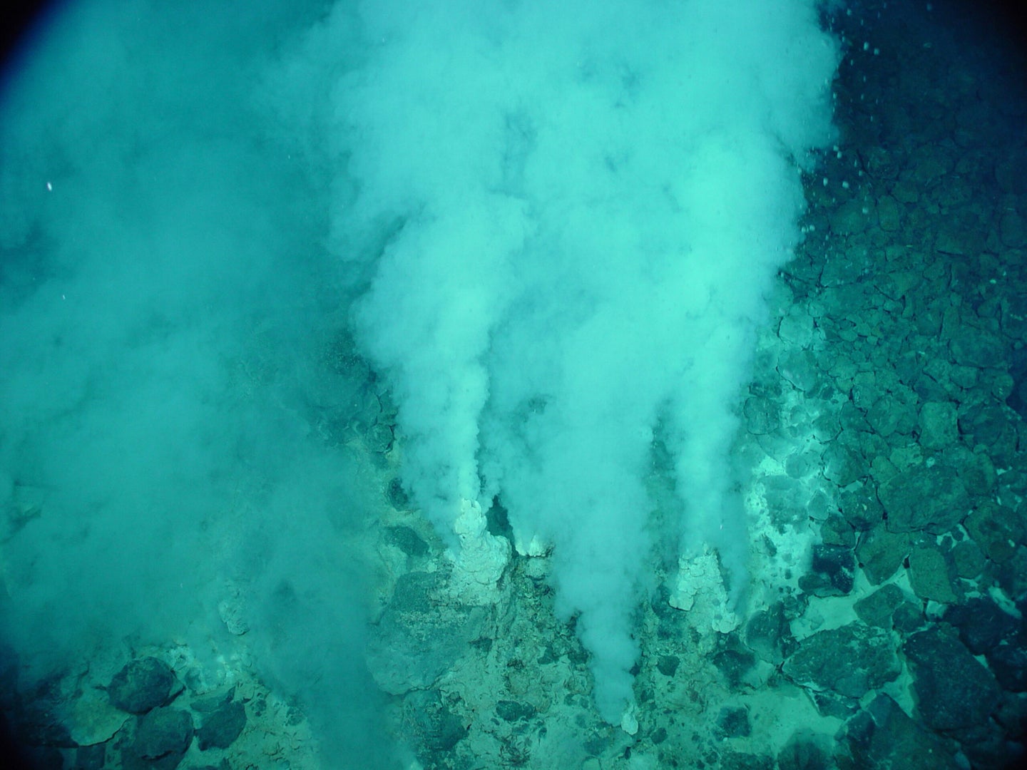 vents of white bubbles rising up from ocean floor