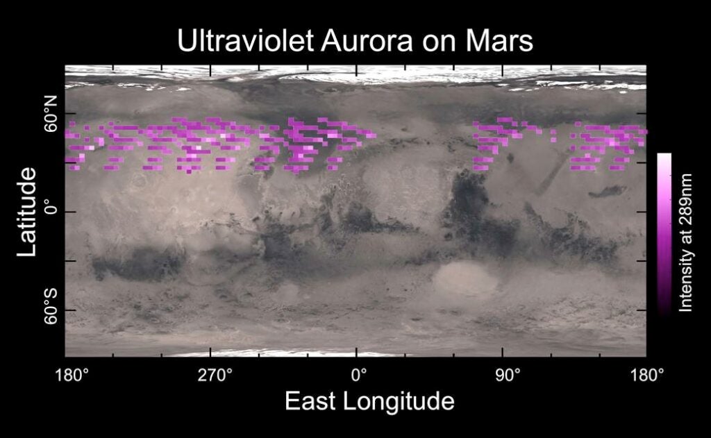 For several days in late December of 2014, MAVEN detected <a href="http://science.nasa.gov/science-news/science-at-nasa/2015/11may_aurorasonmars/">auroras</a> spread across Mars' northern hemisphere, producing light displays similar to Earth's northern lights. MAVEN researchers, who dubbed the auroras "Christmas lights," reported that the auroras circled the planet and descended to Mars' equator, approaching latitudes analogous to those of Florida and Texas on Earth.