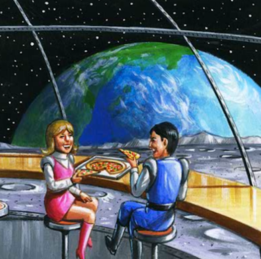 In this mockup, we can see two of the lesser-known characters on <em>The Jetsons</em> enjoying their moon pizza. <em>Really</em> enjoying it. A quote from our translator: "The best view is of the Earth. Why don't you come and visit instead of ordering over the phone?"