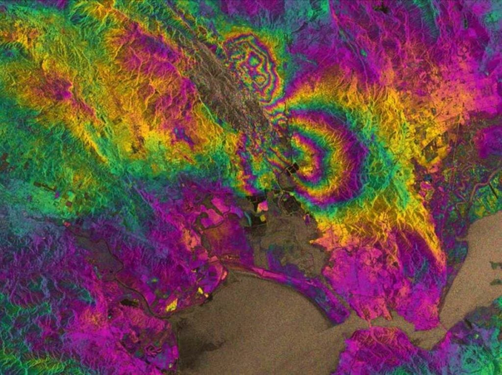 Don't worry, you haven't taken any psychedelic drugs. This composite radar image showcases the damage caused by an earthquake that struck California's Napa Valley on August 24. Generated by <a href="http://www.esa.int/Our_Activities/Observing_the_Earth/Copernicus/Sentinel-1/">Sentinel-1A</a>, the European Space Agency's radar imaging satellite, the image is an interferogram, blending two images that were taken on August 7 and August 31. <a href="http://www.esa.int/spaceinimages/Images/2014/09/Napa_Valley_quake/">According to the ESA</a>, the two round shapes around Napa Valley reveal the ground's deformation, which causes "changes in radar signals that appear as the rainbow-colored patterns." <a href="https://www.popsci.com/article/science/colorful-earthquakes-enormous-superclusters-and-other-amazing-images-week/"><em>From September 6, 2014</em></a>