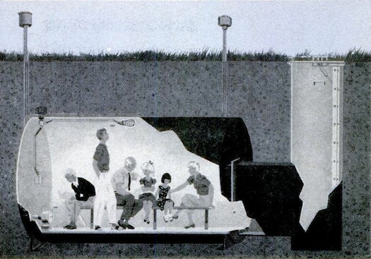"A nuclear-bomb shelter that will accomodate a family of six comfortably is being made for civilian use. It's a steel tank buried three feet under the ground. Entrance and exit are through a submarine-type airlock and a ladder in a vertical tunnel. Above ground are a filtered air intake and an exhaust duct." Read the rest of the story in the February 1960 issue of <em>Popular Science</em>.