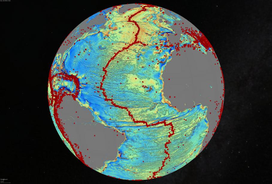<a href="https://www.popsci.com/article/science/satellite-data-maps-sea-floors-hidden-depths/">Researchers are harnessing satellite data to create amazing maps of Earth's seafloor.</a> These images show previously unmapped mountains and ridges, giving scientists new tools to research deep ocean plate tectonics. The image is a marine gravity model of the North Atlantic and red dots show locations of earthquakes with magnitudes above 5.5.