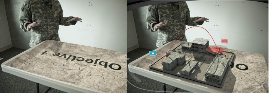 A virtual military objective as seen through a pair of R-6 augmented reality glasses. The 3-D virtual image can be keyed to any symbol, a word like "Objective 1" or a particular geographic location.