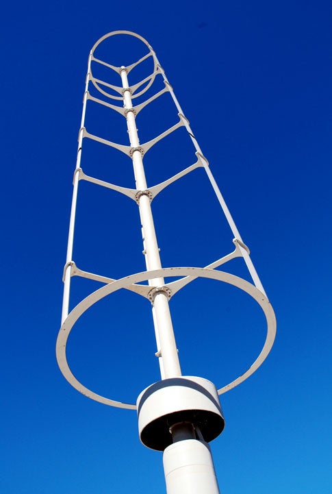 Vertical-axis wind turbines have blades that spin around the main pole, instead of using a propeller that sticks out to the side. Mariah Power's Windspire is the first vertical axis turbine that can start in low winds without a boost from a motor or inefficient scoops or wings.