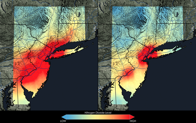 There has been a 32 percent decrease in nitrogen dioxide in New York City between the 2005-2007 (left) and 2009-2011 (right) periods.