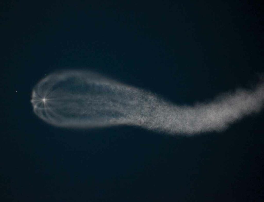 When a Russian Soyuz rocket launched in Kazakhstan this week, onlookers were treated to a sight most reminiscent of the deep sea: a rocket plume that resembled a jellyfish. The plume formed when the core-stage rocket expelled its gases in the upper atmosphere where there is little air. The geometric pattern at the top of the plume is caused by the rocket's four boosters. <a href="https://www.popsci.com/gallery/high-flying-rocket-plumes-and-other-amazing-images-week/"><em>From July 11, 2014</em></a>