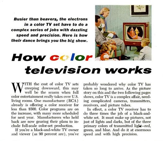 By 1956, color television sets were well on their way to become a standard household item. But why had the process taken so long? Using images from a <em>Popular Science</em> educational film strip, we explained that a color TV receiver has to do thrice the amount of work as its black and white counterpart. While the old TV sets merely adjusted light and darkness to create a picture, color TV receivers had to use red, green, and blue light to form a clear image. Read the full story in <a href="http://books.google.com/books?id=jCUDAAAAMBAJ&amp;lpg=RA1-PA29&amp;dq=color%20television%20intitle%3APopular%20intitle%3AScience&amp;pg=RA1-PA28#v=twopage&amp;q&amp;f=false">How Color Television Works</a>