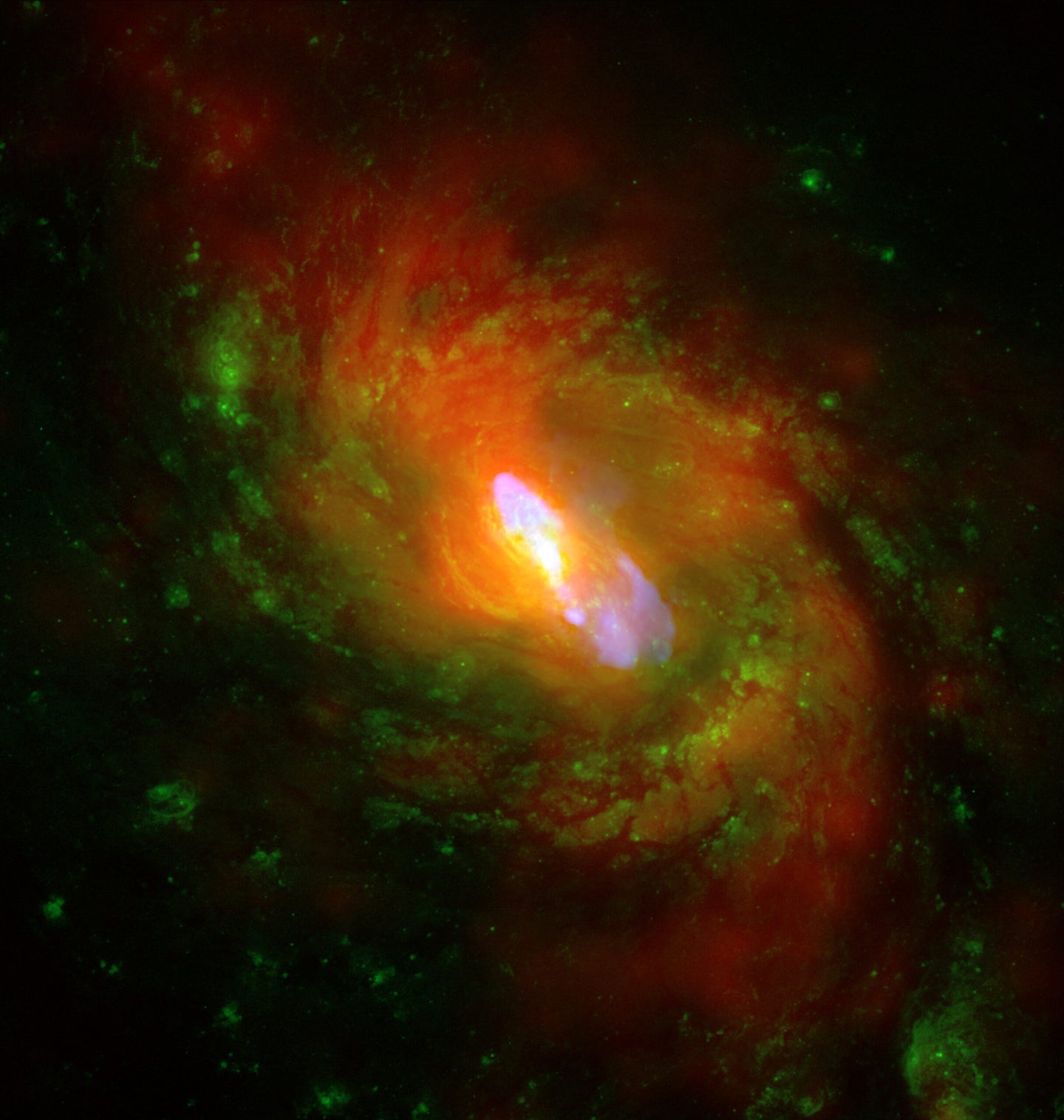 This composite image (X-rays from Chandra in red, optical data in green, and radio emission in blue) shows NGC 1068, one of the nearest and brightest spiral galaxies containing a rapidly growing supermassive black hole. The X-ray images and spectra obtained using Chandra's High Energy Transmission Grating Spectrometer show that a strong wind is being driven away from the center of NGC 1068 at a rate of about a million miles per hour. These results help explain how an "average"-sized supermassive black hole can alter the evolution of its host galaxy.